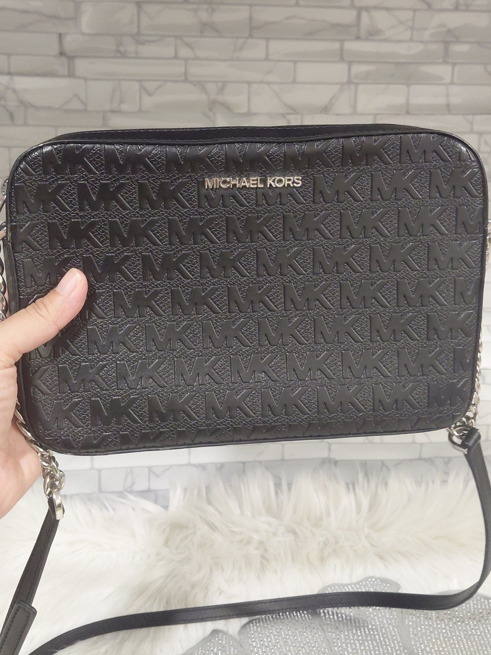 Michael Kors Black Embossed MK Crossbody Bag